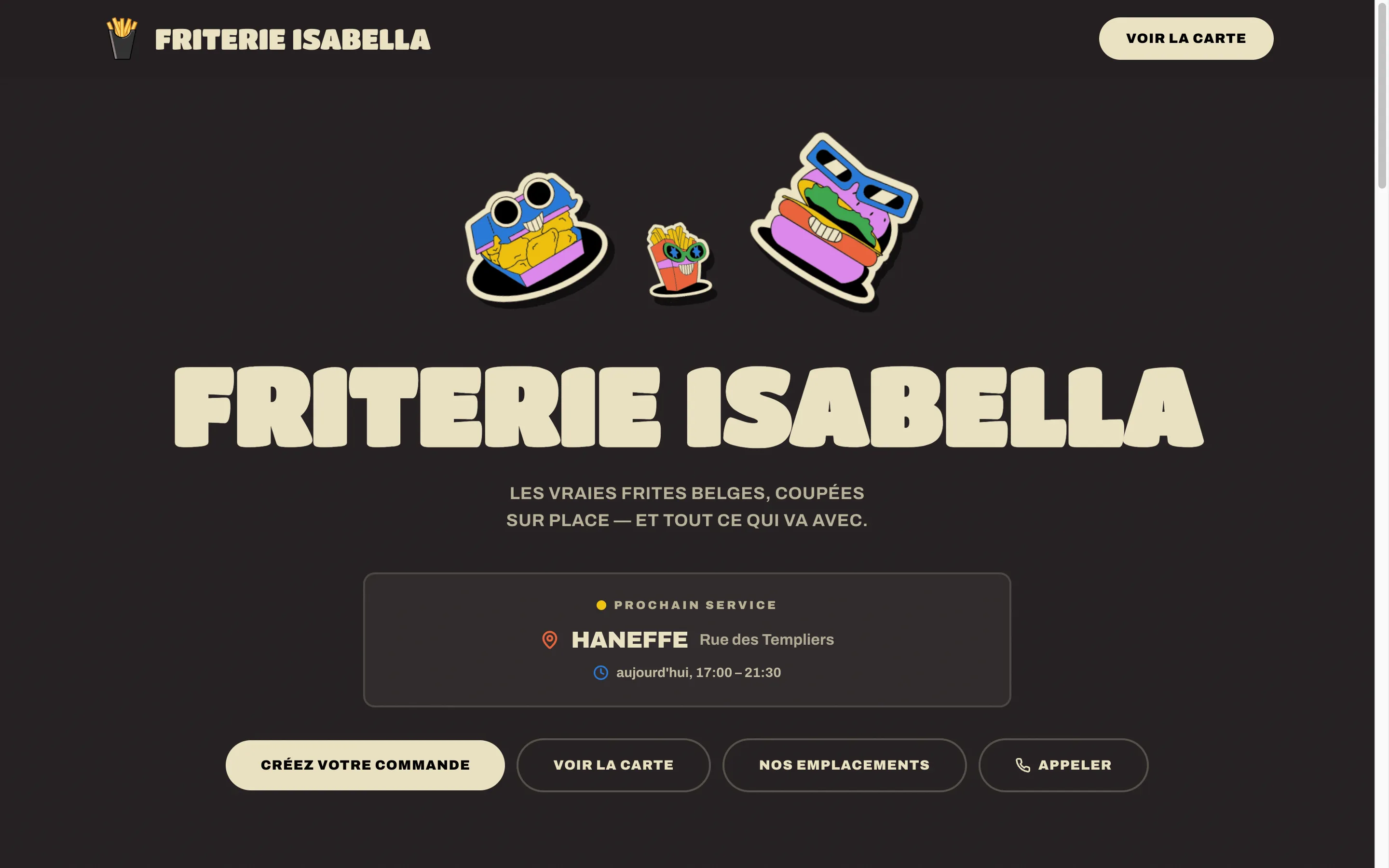 Page d'accueil de Friterie Isabella : le nom en grosses lettres crème sur fond charbon, trois autocollants pop-art et le prochain arrêt du camion.